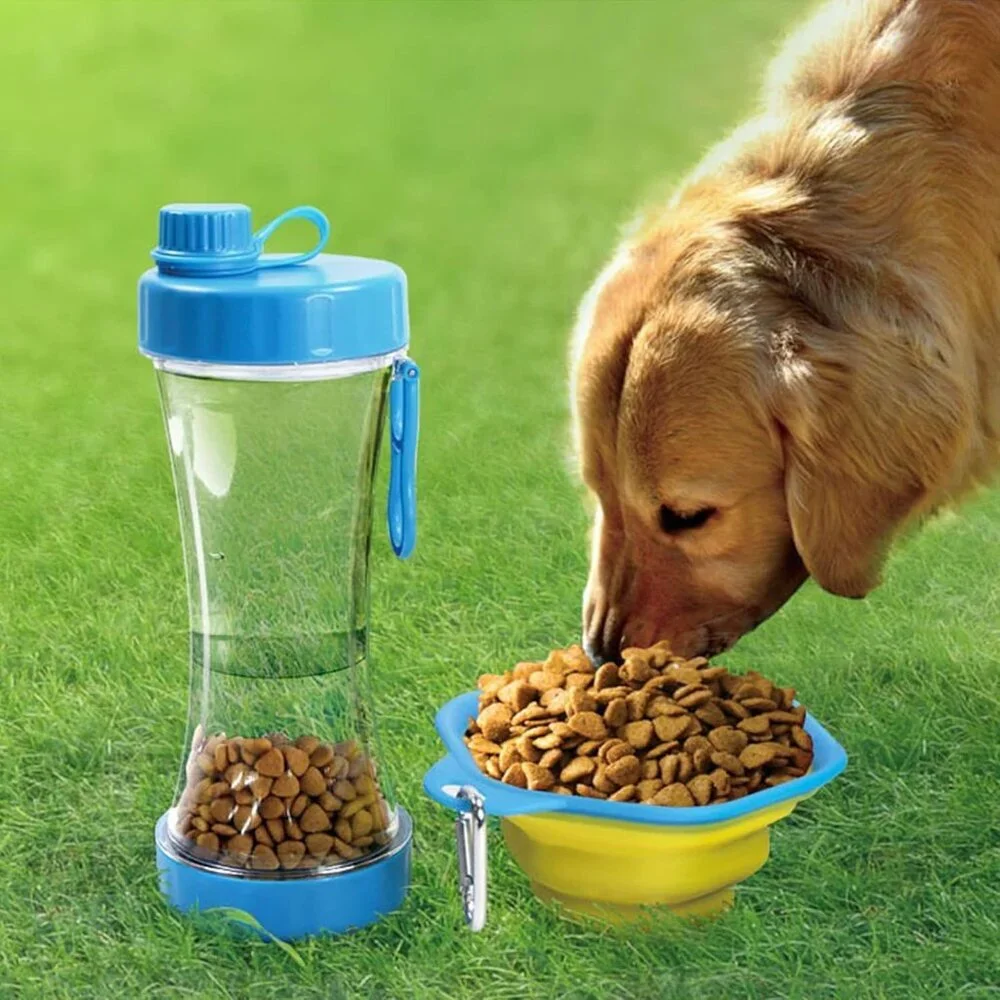 Dog Water Bottle with Food Container • 13.5 oz • Leakproof Travel Dispenser Blue